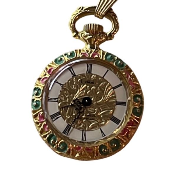 Vintage Enameled Pendant Watch- Colibri 17 Jewel Incabloc - With 26” Chain - Picture 2 of 6